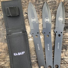KA-BAR 1121 Throwing Knives and Pouch on Wood