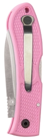 Image of a silver clip on a pink pocket knife